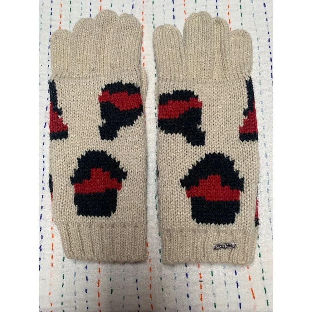 Pepe Jeans Rascals Gloves Ivory Red Black Knitted Ribbed Trim Hand Warmer Winter